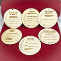 6er Set gravierte Erinnerungsscheiben aus Holz – Urlaube, Abenteuer, Feste, kleine Momente, Lachen & besondere Momente – Ø 10 cm Sperrholz