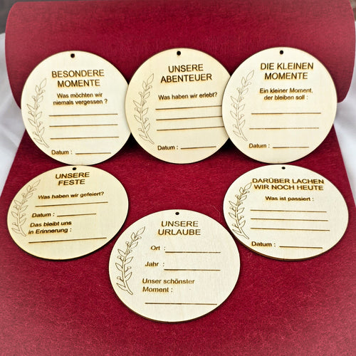 6er Set gravierte Erinnerungsscheiben aus Holz – Urlaube, Abenteuer, Feste, kleine Momente, Lachen & besondere Momente – Ø 10 cm Sperrholz