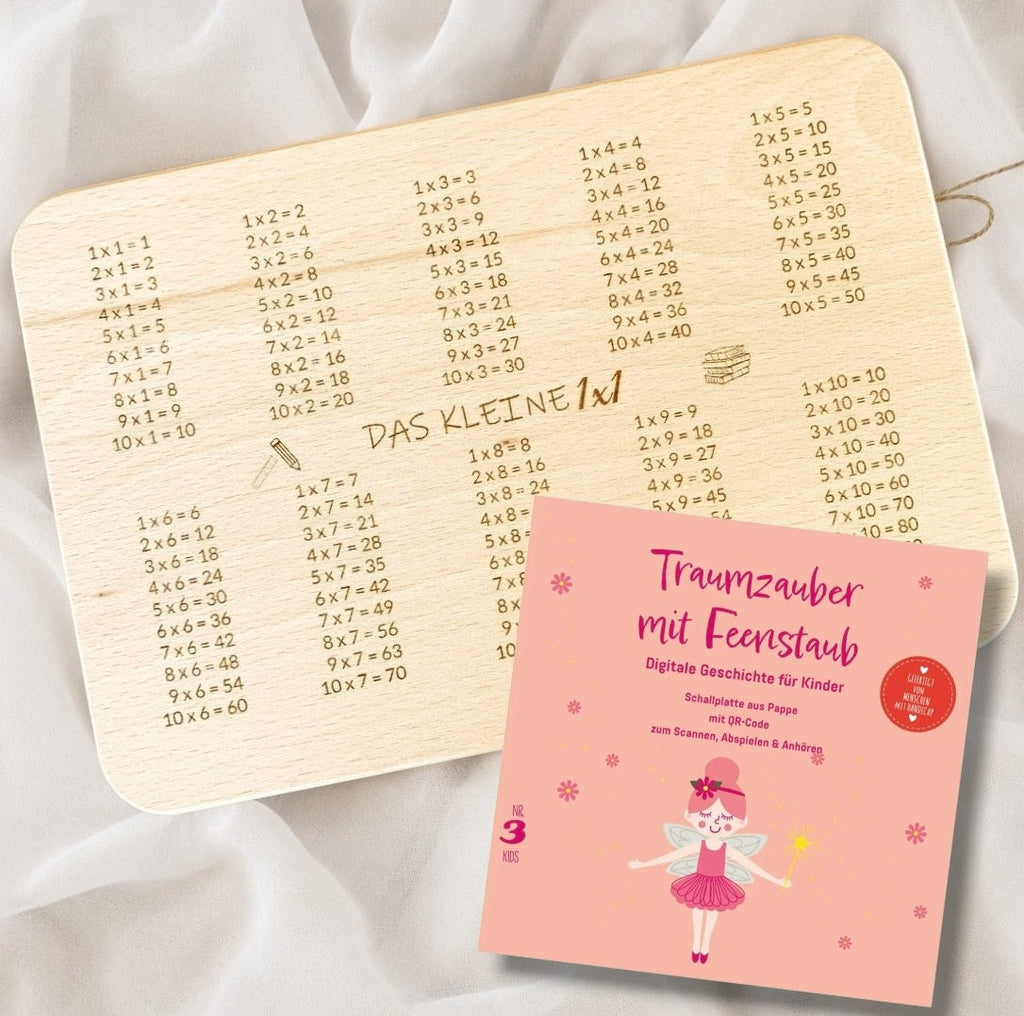 Geschenkset Mädchen Einschulung – Frühstücksbrett Buchenholz 1x1 mit Hörspiel-Schallplatte Traumzauber mit Feenstaub