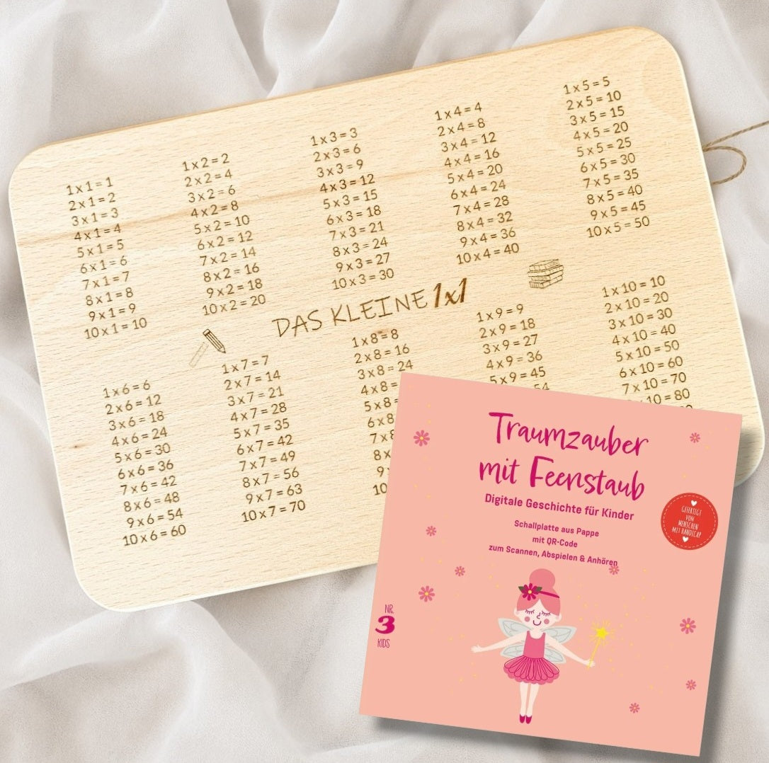 Geschenkset Mädchen Einschulung – Frühstücksbrett Buchenholz 1x1 mit Hörspiel-Schallplatte Traumzauber mit Feenstaub