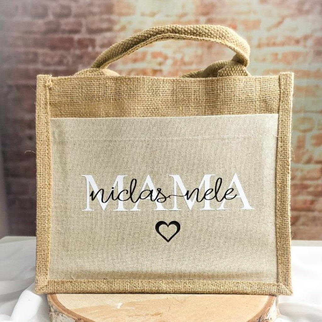Jute Tasche mit Mama-Aufdruck und Namen der Kinder – Flexfolien-Druck